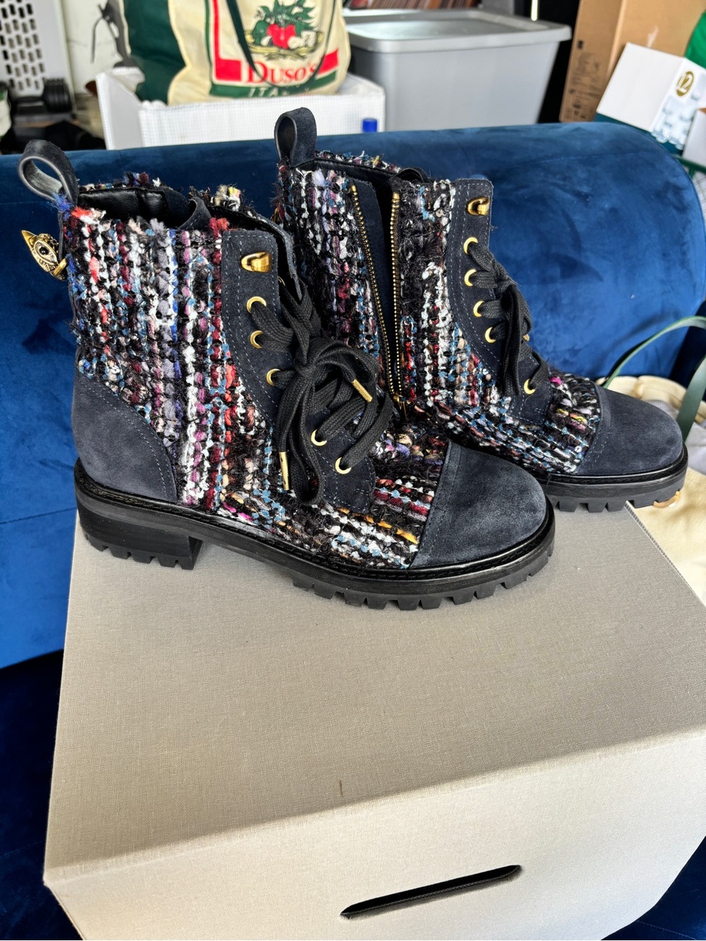 Kurt Geiger Black Multicolor Tweed Lace-Up Combat Boots with Gold Hardware